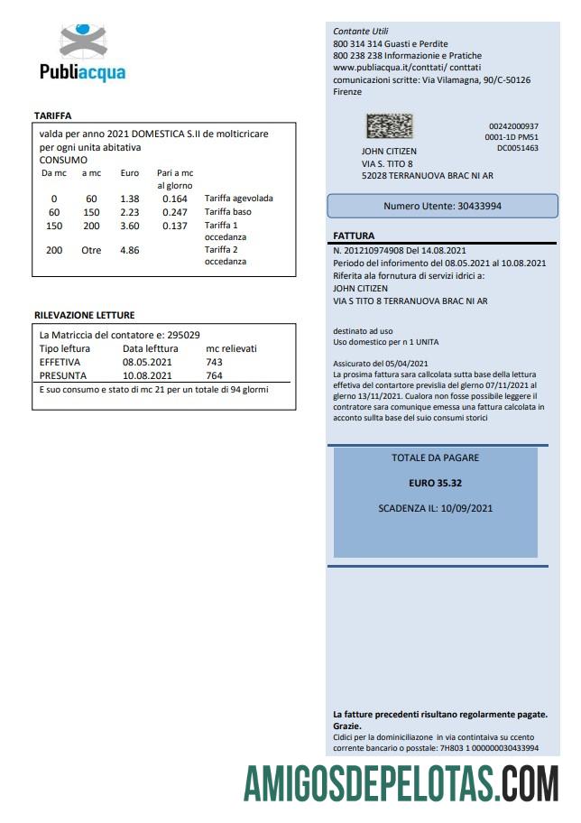 Em branco modelo de conta de serviços públicos Publiacqua da Itália em formato Word e PDF